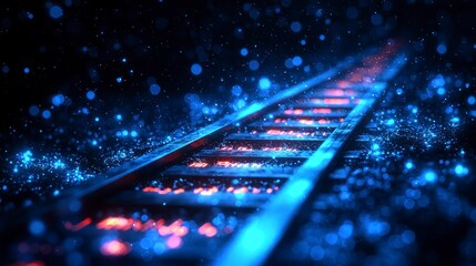 Wall Mural - Glowing railway tracks illuminated by blue particles