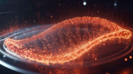 Poster - Abstract orange particle wave glowing in dark background.