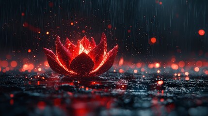 Wall Mural - Glowing red lotus flower amidst raindrops at night