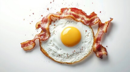 Poster - Fried egg with crispy bacon and red pepper flakes on white background.