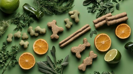 Poster - Flat lay of dog treats, citrus fruits, and herbs on green background.