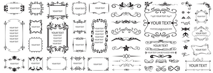 Fototapete - Set of vintage borders and frames, corner. Luxury vintage invitation vector set. Ornamental curls, dividers, Border design and components design for wedding invite, menus