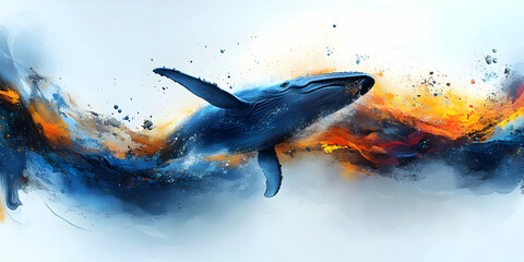 Whale leaps fiery ocean, abstract art