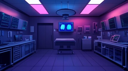 Wall Mural - Modern Futuristic Hospital Room with Advanced Technology and Neon Lighting Showcasing Medical Equipment and Monitors in a Sterile Environment