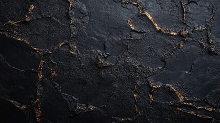 Poster - Black stone texture background with golden cracks illuminating the surface
