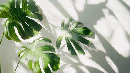 Aufkleber - Monstera leaves creating shadows on white background