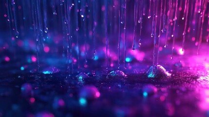 Poster - Abstract neon-lit rain falling on dark surface.