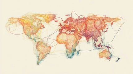 Aufkleber - Colorful world map with interconnected lines illustrating global connections and networks.