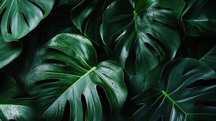 Poster - Real monstera leaves arranging showing deep green vein texture with water drops