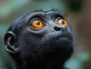 Wall Mural - captivating close-up of a black monkey with striking orange eyes looking upwards