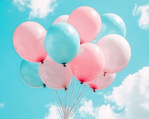 Aufkleber - Pastel pink, blue & white balloons floating against a bright blue sky with fluffy clouds.
