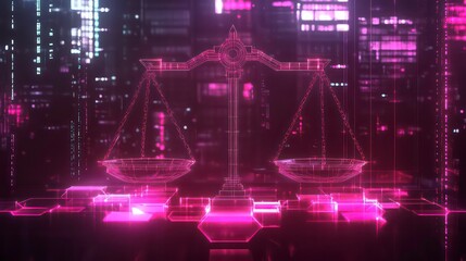Poster - Abstract digital scales of justice glowing in pink neon light against a futuristic city backdrop.
