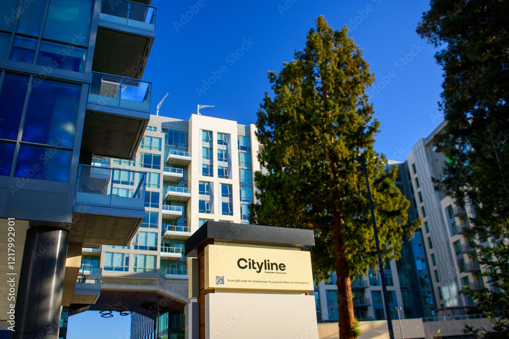 Cityline Downtown Sunnyvale Sign With A Qr Code Set Against Modern High 