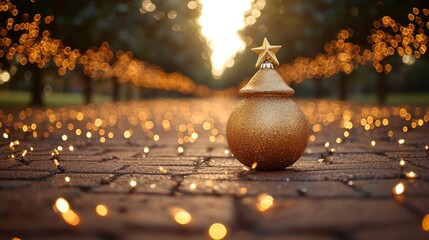 Wall Mural - Golden Christmas Ornament on a Pathway with Lights