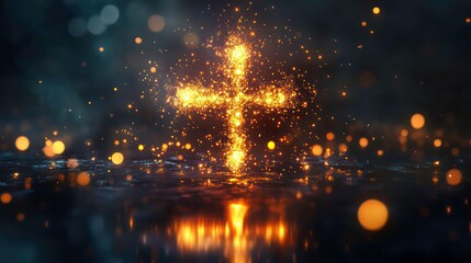 Wall Mural - Glowing cross symbol formed by particles on dark background.
