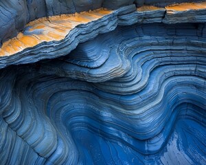 Poster - Abstract blue and orange layered rock formation.