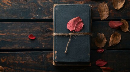 Poster - Vintage book with autumn leaves on dark rustic wooden table