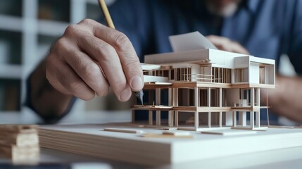 Poster - Architect's hands detailing architectural model, blueprint, design, construction.