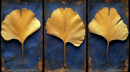 Wall Mural - Golden Ginkgo Leaves on Blue Background Displayed Artistically