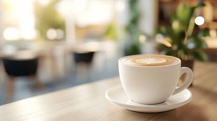 Poster - Steaming cappuccino sitting on table in cozy coffee shop