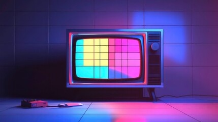 Poster - Retro television with VHS player and USB drive in a neon-lit room.