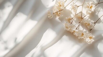 Poster - Dried white flowers casting shadows on white silk cloth creating elegant background