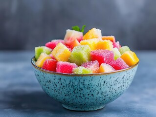Poster - A bowl of fresh fruit sprinkled with sugar, vibrant colors, healthy and appetizing vibe