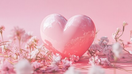 Poster - Glossy pink heart resting on delicate white flowers on pink background