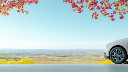 Aufkleber - Car Parked on Scenic Road Overlooking Lush Green Countryside with Clear Blue Sky and Rolling Hills Inviting a Sense of Freedom and Adventure