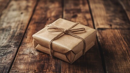 Poster - Small gift wrapped in brown paper lying on wooden table