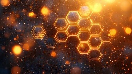 Wall Mural - Golden hexagonal patterns with glowing particles background