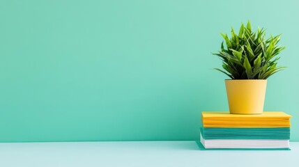 Poster - A Serene Indoor Scene Featuring a Potted Plant Gracefully Positioned atop a Stack of Books Evoking Tranquility and a Love for Reading and Nature