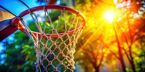 Macro Close-up of Basketball Hoop Against Bright Background with Copy Space