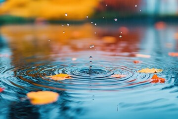 Poster - A Tranquil Water Drop Reflecting Vibrant Autumn Leaves in a Natural Setting Evoking Peace and Harmony Amidst the Changing Seasons of Nature