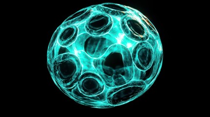 Aufkleber - Abstract glowing turquoise sphere with intricate internal structure on black background.