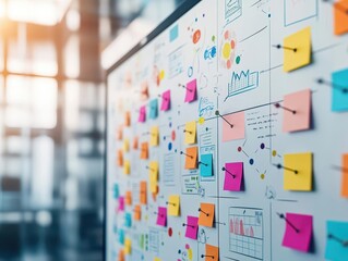 Poster - A creative office space with a large board full of colorful pushpins and diagrams