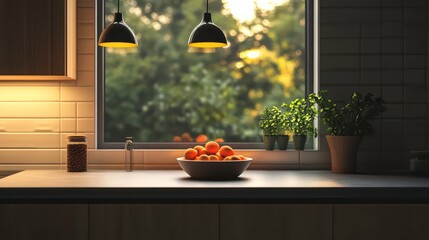 Poster - Sunlit kitchen counter with fruit bowl, herbs, and pendant lights.