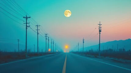 Poster - A Serene Night Scene Featuring a Winding Road Underneath a Bright Full Moon Surrounded by Tall Power Lines and a Clear Starry Sky