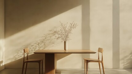 Poster - Minimalist dining room interior with wooden table, chairs, and dried flowers in a vase, sunlit wall.