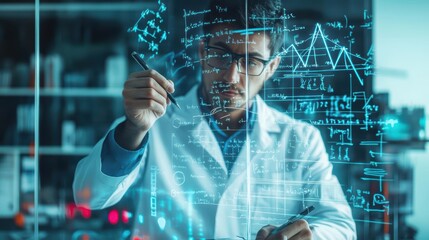 Leinwandbilder - Focused Scientist in Lab Coat Analyzing Digital Diagram on Screen Surrounded by Innovative Equipment in a Modern Research Laboratory Environment