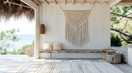 Poster - Serene coastal patio with wooden bench, macrame wall hanging, and ocean view.