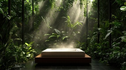 Poster - A tranquil setting with a spa bed surrounded by natural greenery and soft light