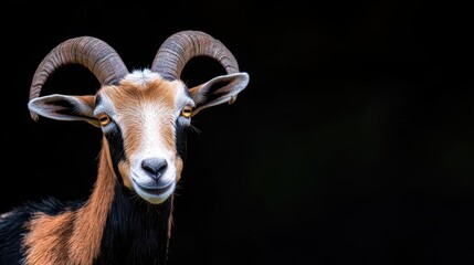 Aufkleber - A dramatic portrait of a goat with shadows emphasizing its curved horns, moody lighting