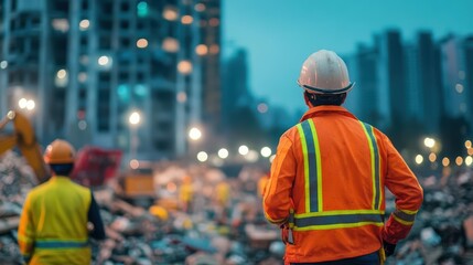 Poster - Construction Worker Surveying Pile of Rubble at Urban Site in Bright Sunlight Conveying Hard Work and Resilience in Modern Building Projects