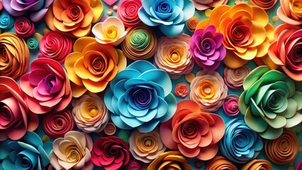 Wall Mural - Vibrant floral paper roses with intricate details and soft folds in a colorful background, floral arrangement, flowers