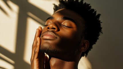 Poster - A man applying moisturizer in the morning light, showcasing a minimalistic routine