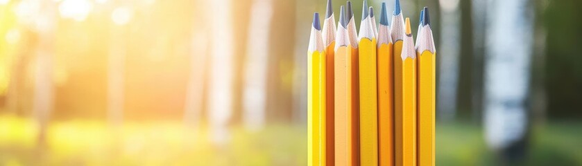 Poster - Colorful Pencils Arranged Neatly on Forest Ground Surrounded by Lush Greenery and Sunlight Filtering Through Tree Canopies Creating a Calm Vibe