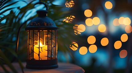 Poster - Candle lantern illuminating tropical garden at dusk with bokeh lights
