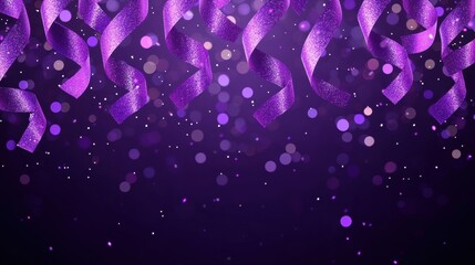 Poster - A vibrant background featuring purple ribbons and shimmering bokeh lights, creating a festive and celebratory atmosphere.