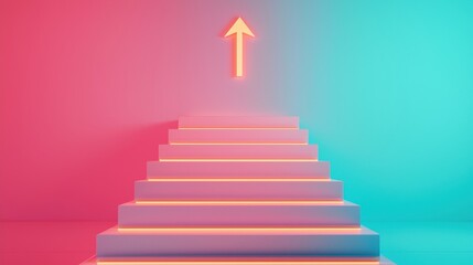 Poster - A brightly colored staircase leads upward, illuminated by a glowing arrow, against a gradient background of pink and blue hues.
